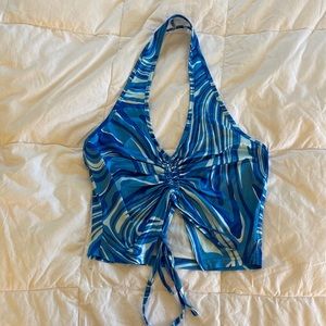 BLUE SWIRL TIE UP HALTER TOP